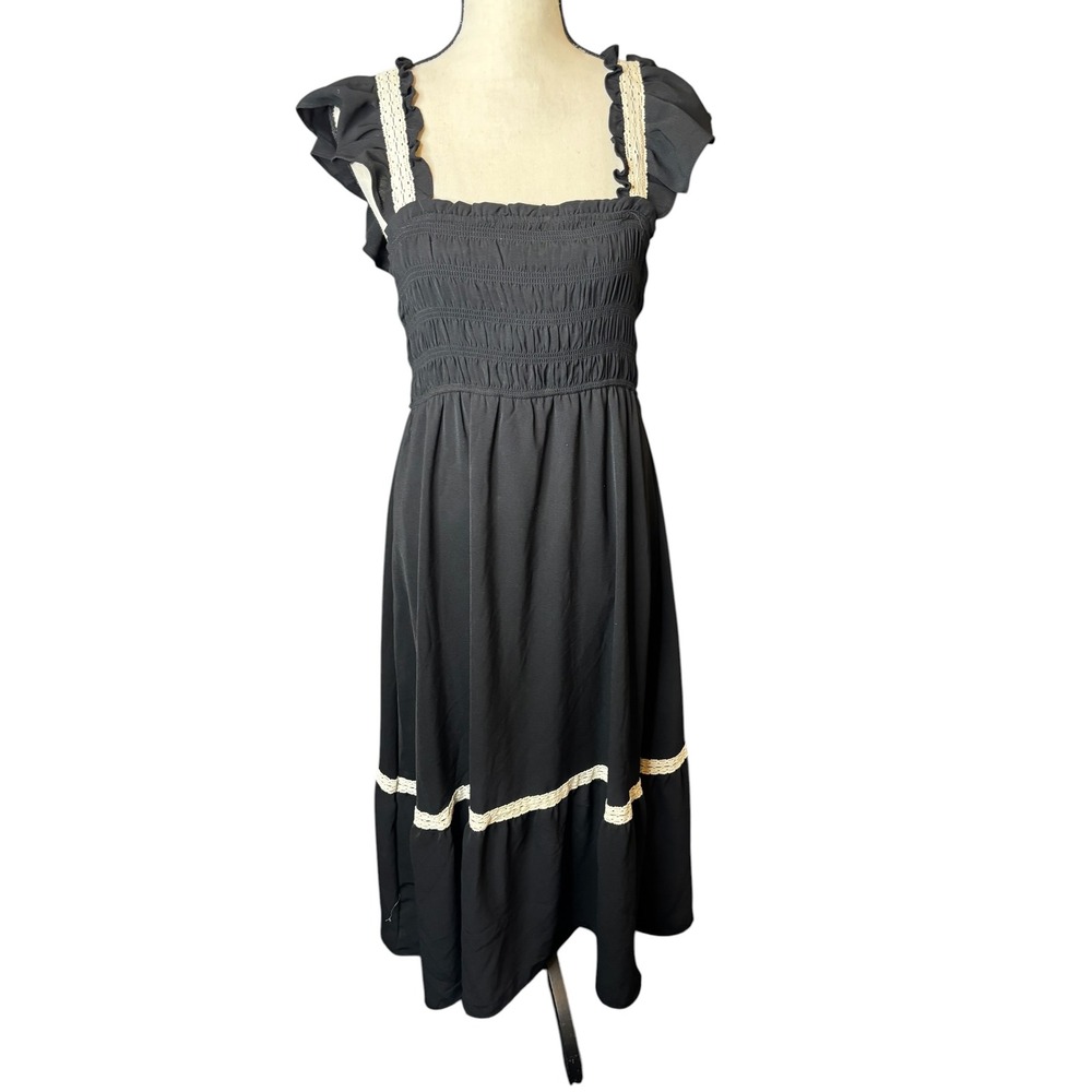 By The River Black Smocked Midi Dress Lace Trim Ruffle Sleeve Womens M
